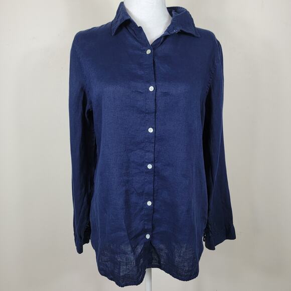 Tahari Tops - Tahari Linen Button Up Shirt Women M Blue Roll Tab Sleeves Minimalist Coastal